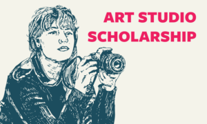 sketch of person with camera and art studio scholarship text