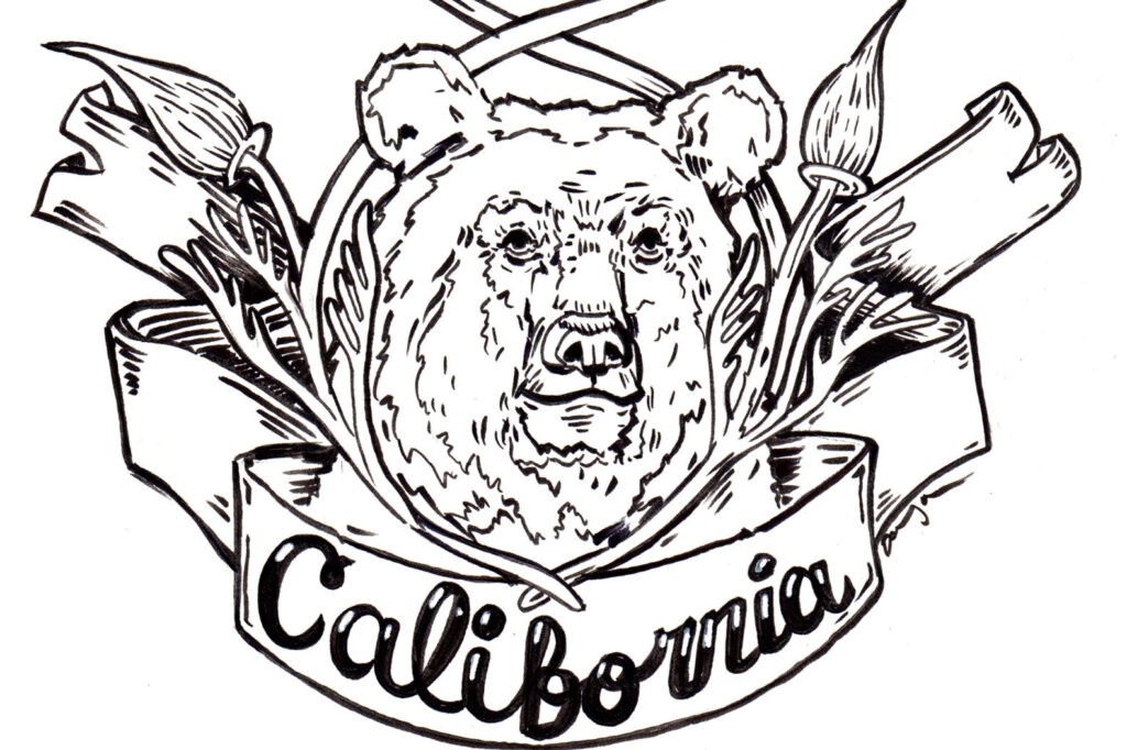 illustration of a bear with flowers and a banner with words California within the banner to color in