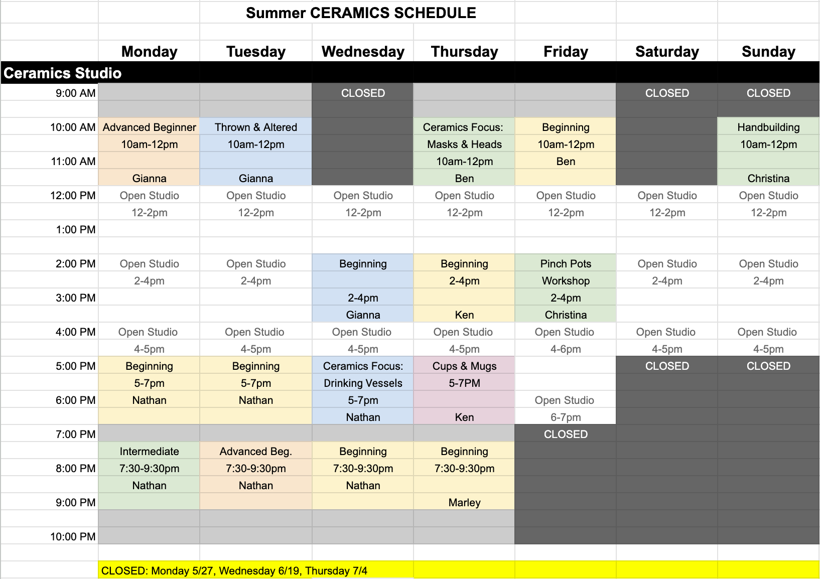 Ceramic Summer Schedule