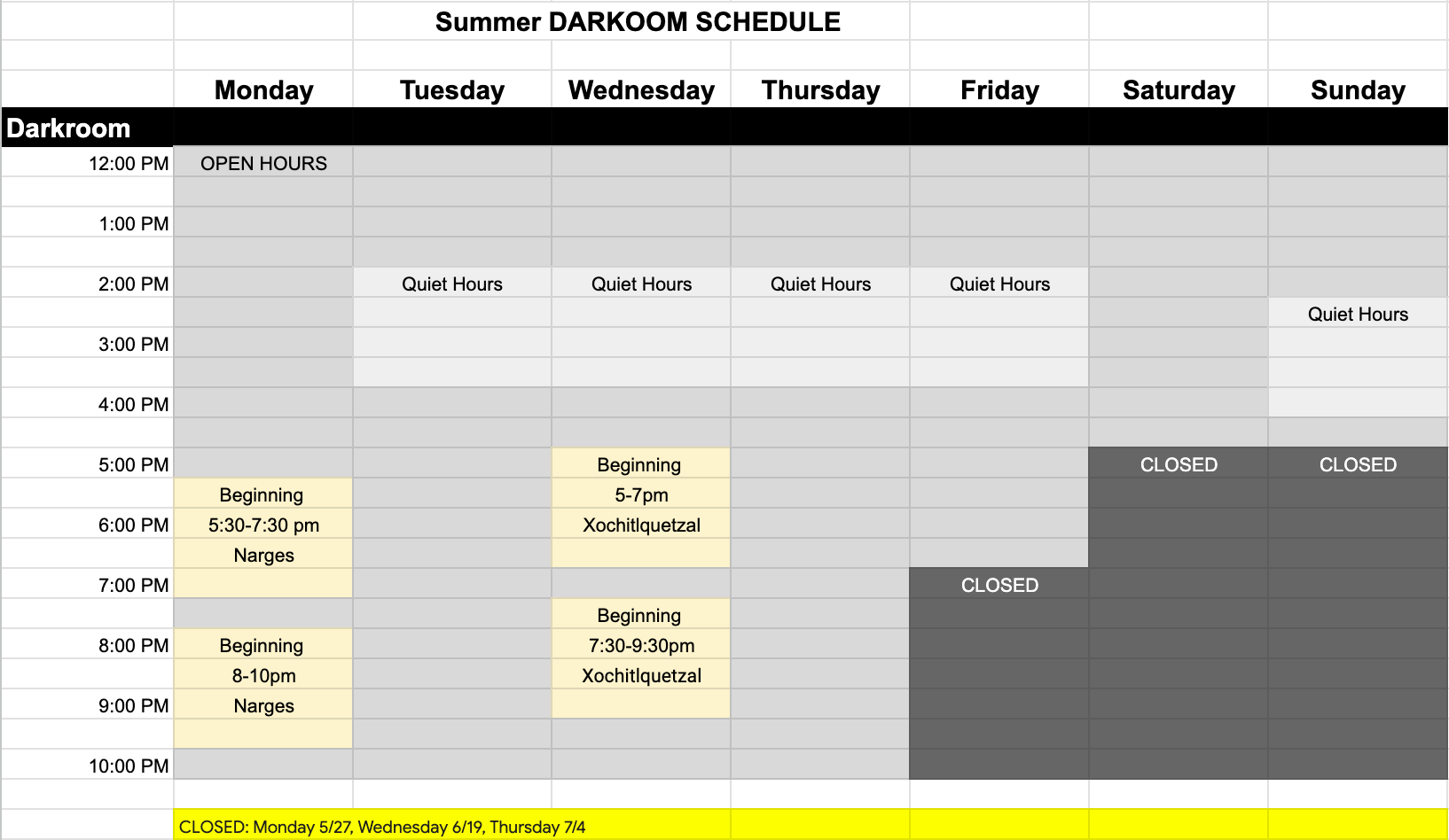 Darkroom Summer Schedule