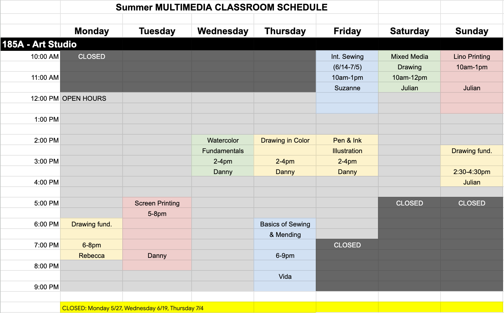Multimedia Summer Schedule 2024