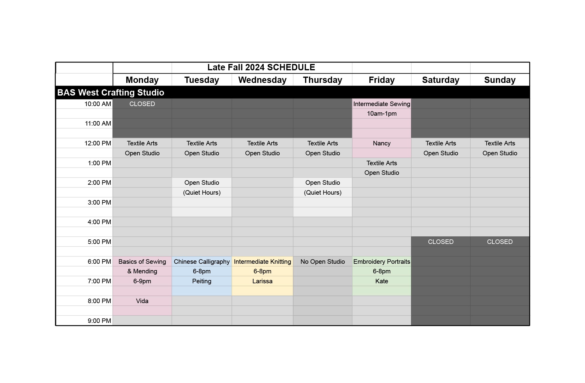 Late Fall BAS WEST Crafting schedule 2024