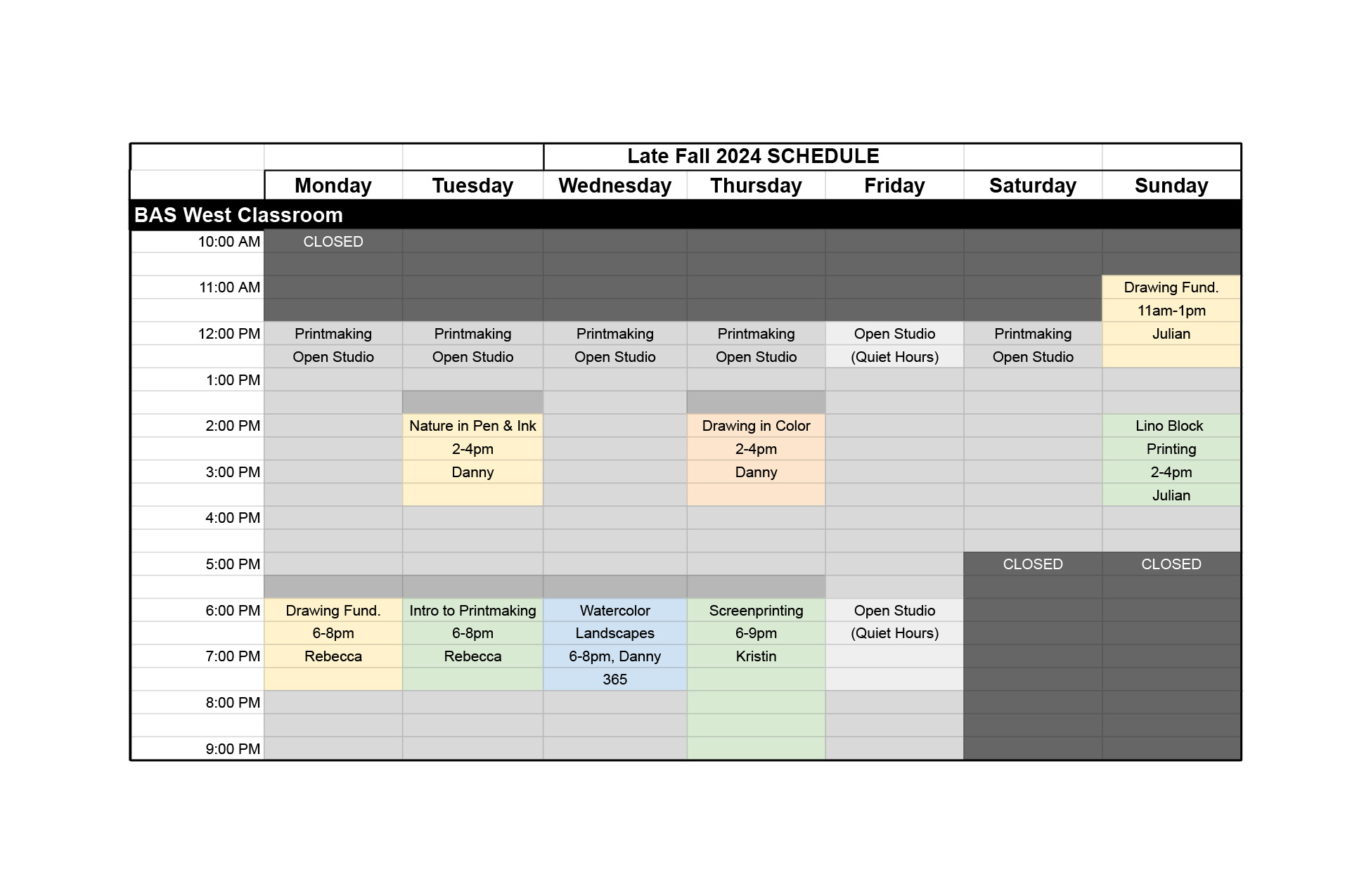 Late Fall BAS schedule 2024