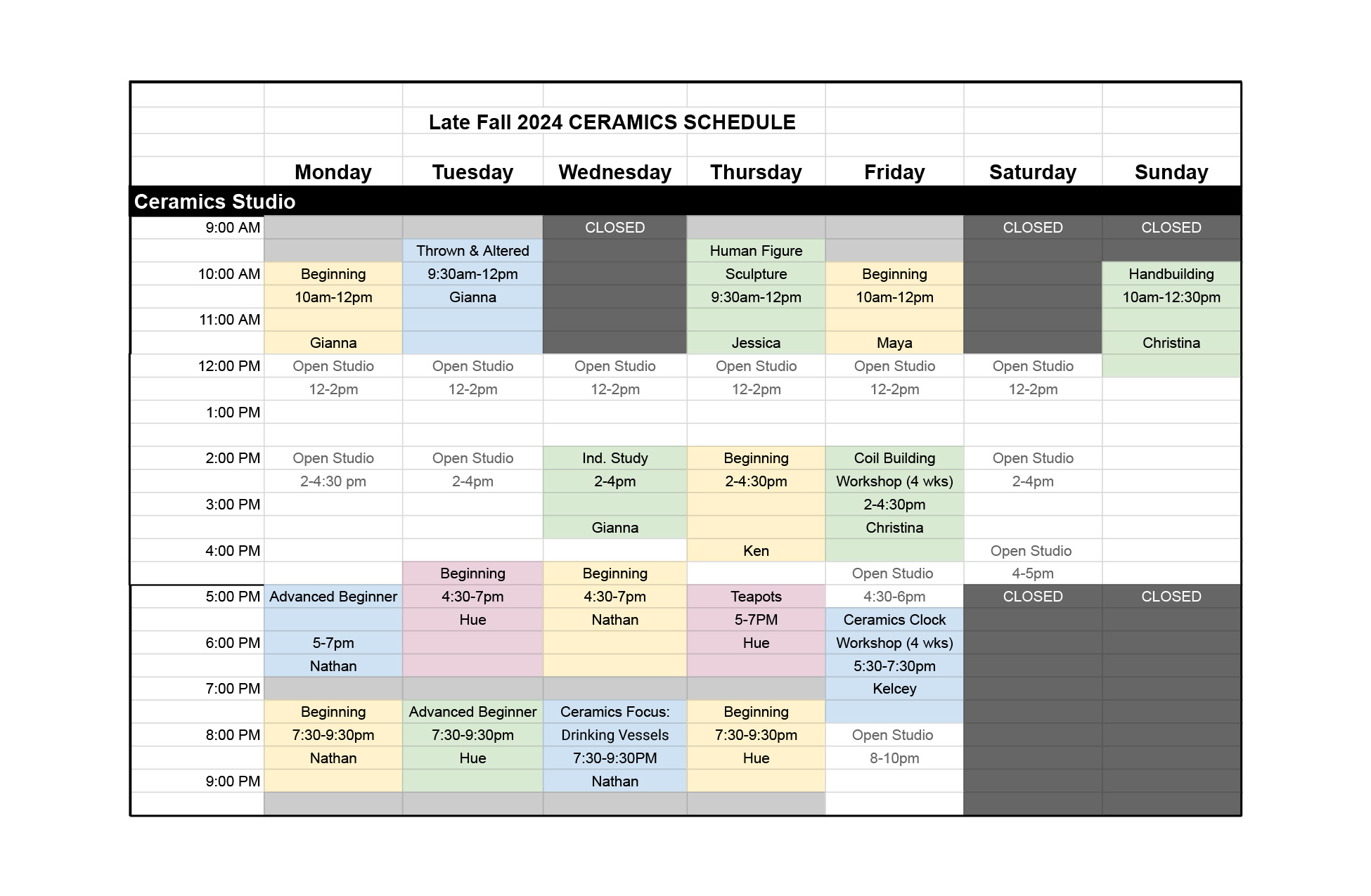 Late Fall Ceramic schedule 2024