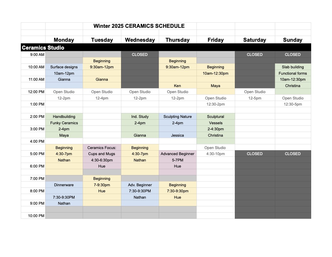 ceramics schedule