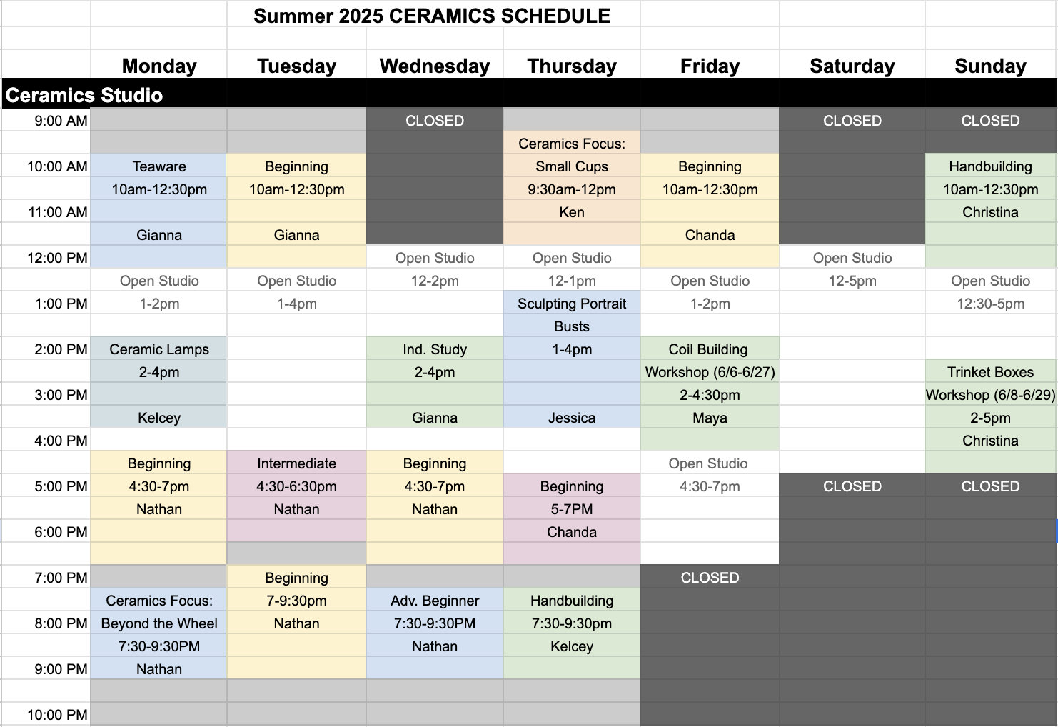 ceramics schedule